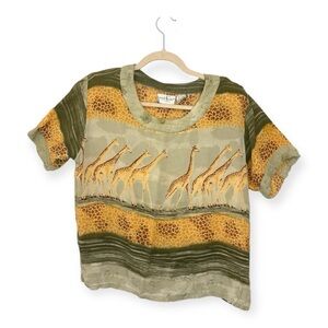 Vintage Casual Studio Petites Giraffe Safari Print Rayon Blouse 80s 90s M